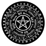 Black and white Ouija board with star symbol and days of the week.