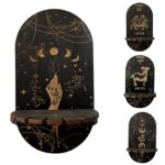 Black wooden wall art, zodiac signs,  and moon phases, decorative shelves.