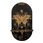 Black wooden wall shelf with gold-toned butterfly and celestial design.
