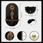 Black wooden wall shelf, celestial design, hand motif, dimensions.