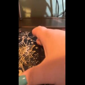 Black aesthetic journal/case with gold mystical design.  Hand holding it.