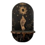Black wooden wall shelf, celestial design, sun, hand reaching.