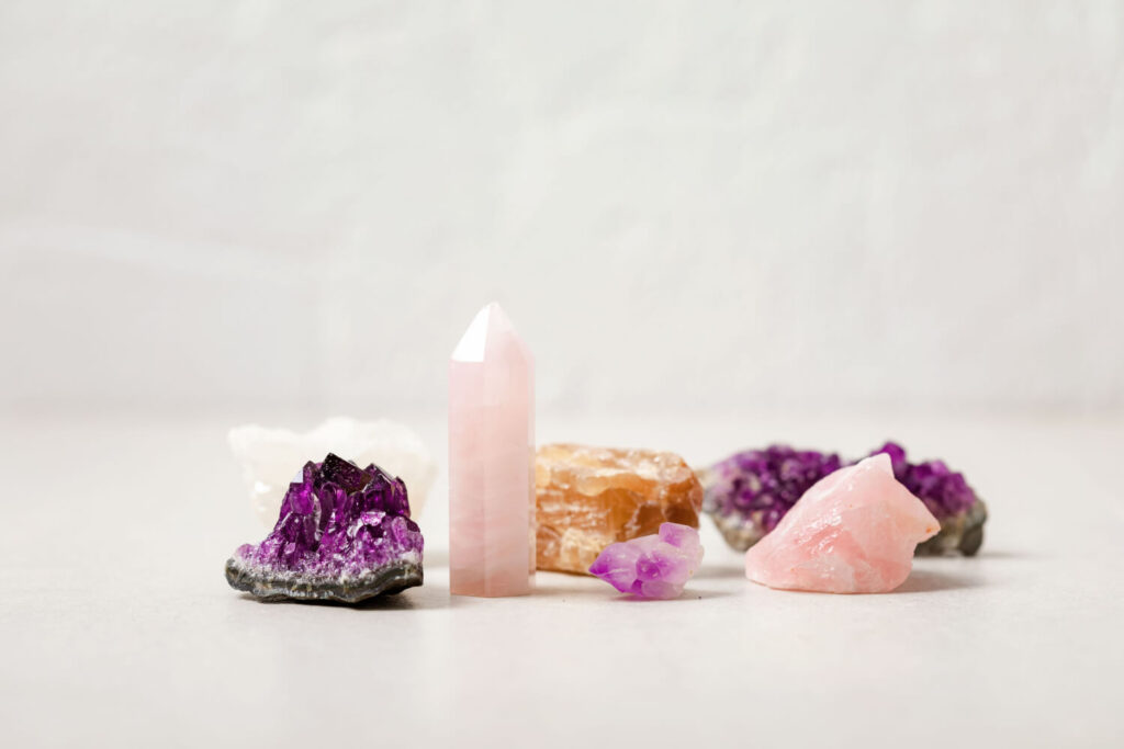 Assorted crystals: amethyst, rose quartz, and citrine. Healing stones.