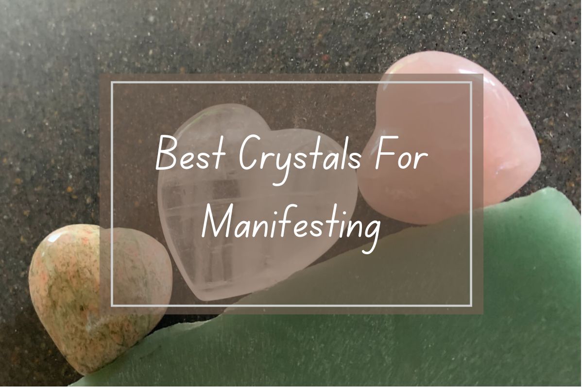 Heart-shaped rose quartz, clear quartz, and green tumbled stones; best crystals for manifesting.