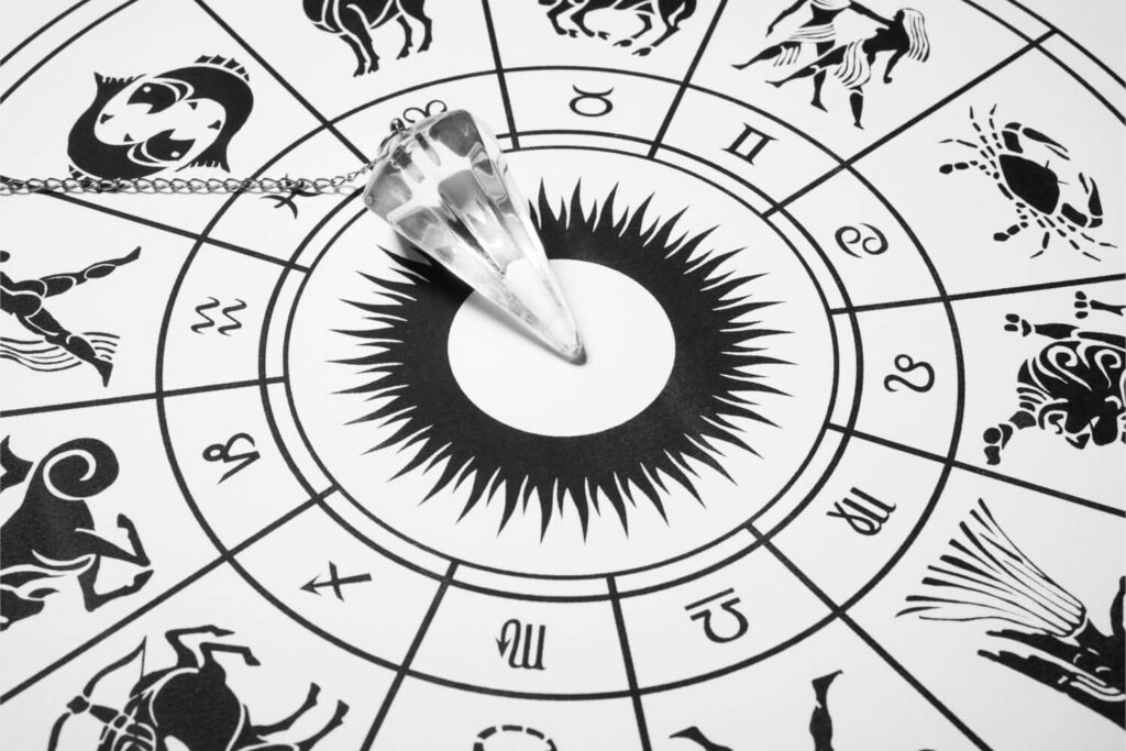 Zodiac chart with pendulum.  Astrology, divination.