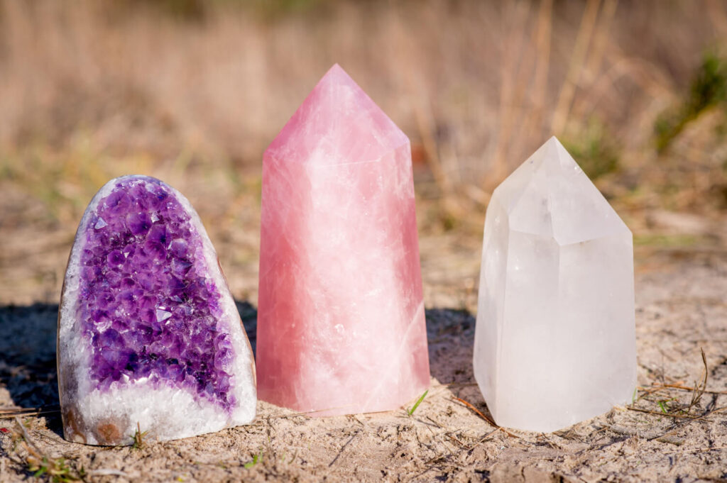 Amethyst geode, rose quartz, and clear quartz crystals.