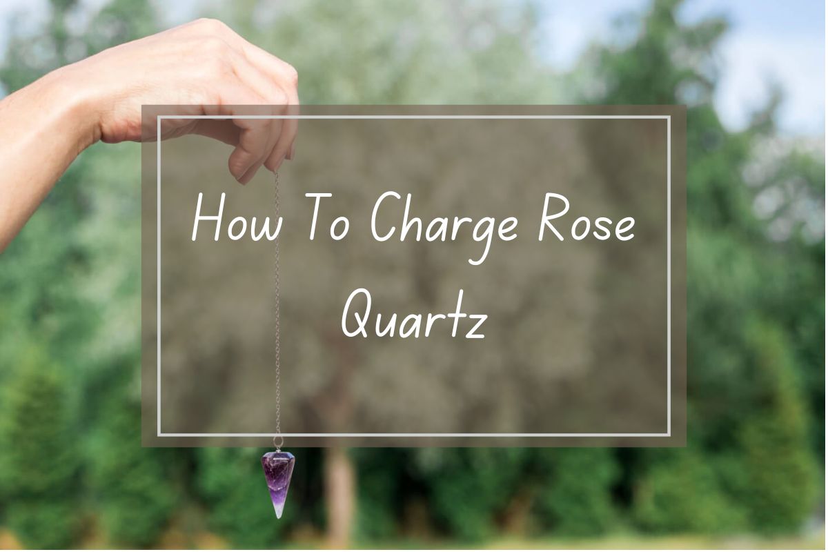 Hand holding pendulum, amethyst point,  text overlay "How To Charge Rose Quartz".