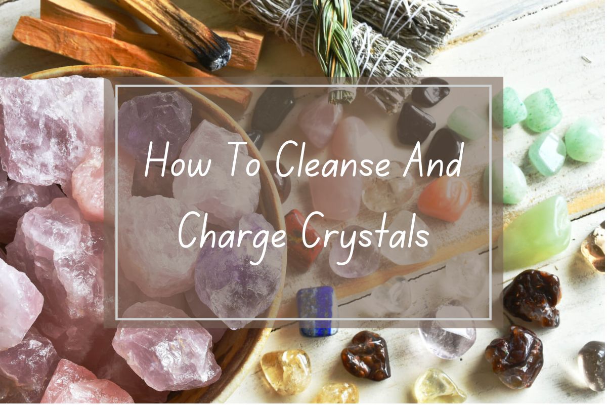 Variety of crystals, including rose quartz, amethyst, and more, displayed for cleansing and charging.