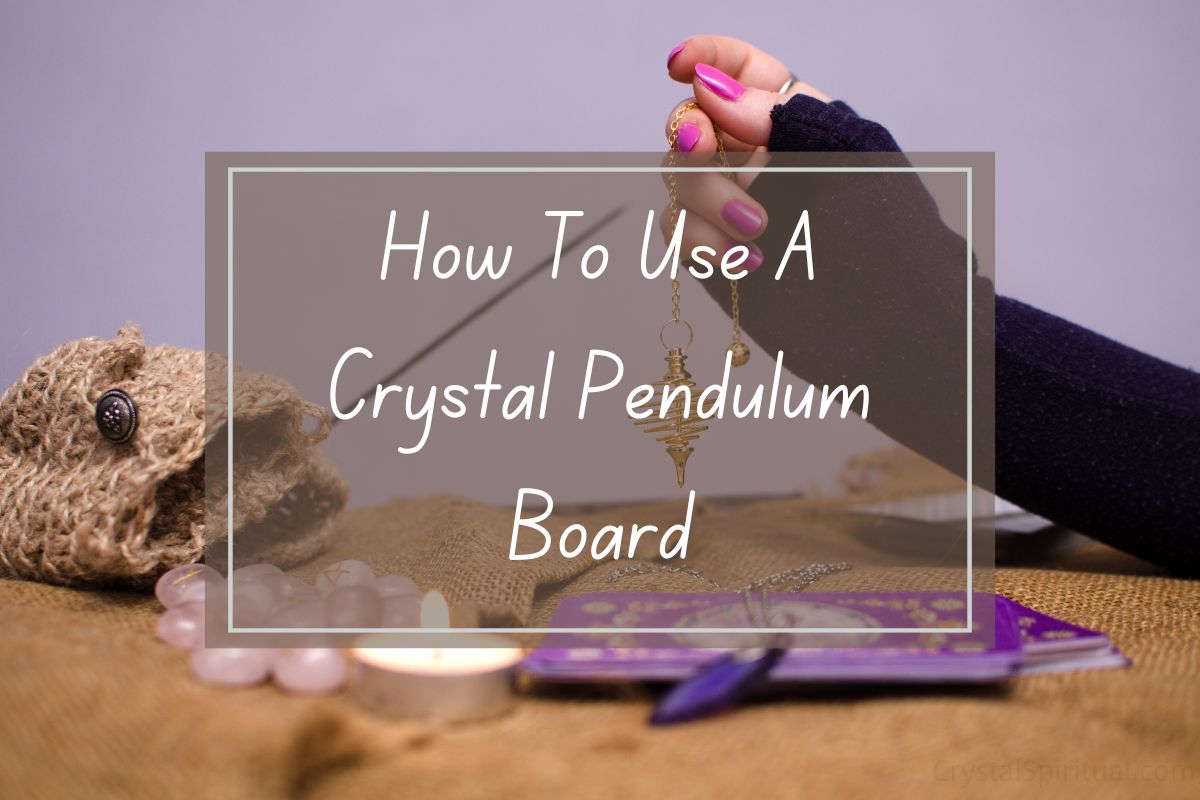 Hand holding crystal pendulum over a crystal pendulum board; how-to guide.  Spiritual, crystals, divination.