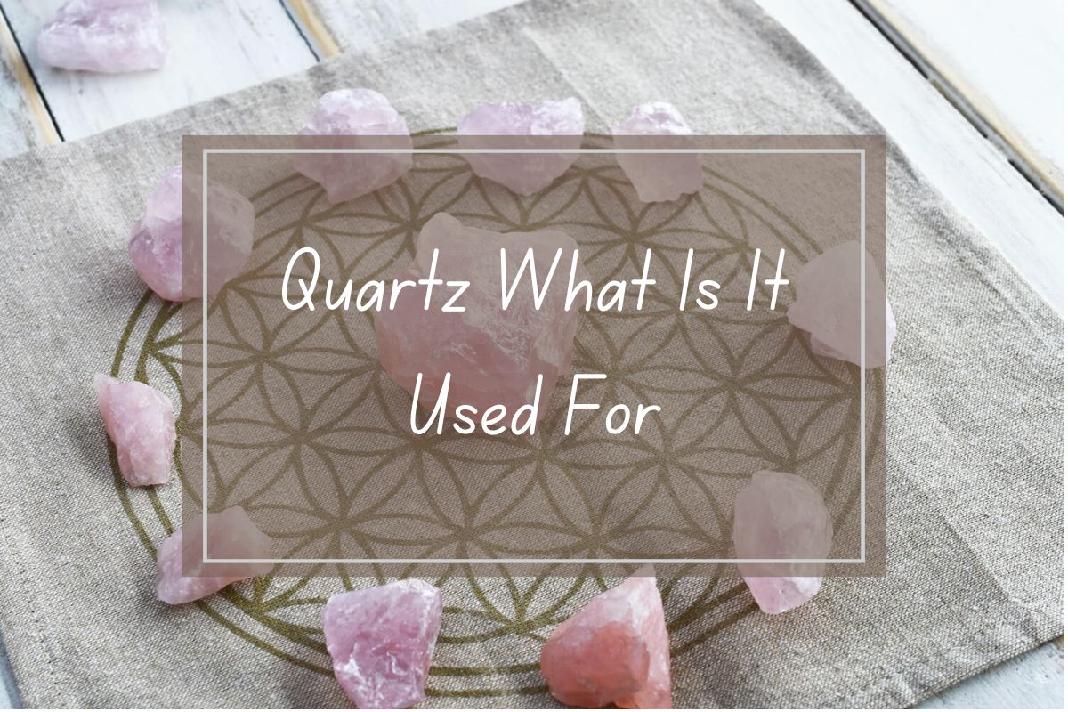 Pink quartz crystals on a beige linen cloth, with text overlay reading "Quartz What Is It Used For".