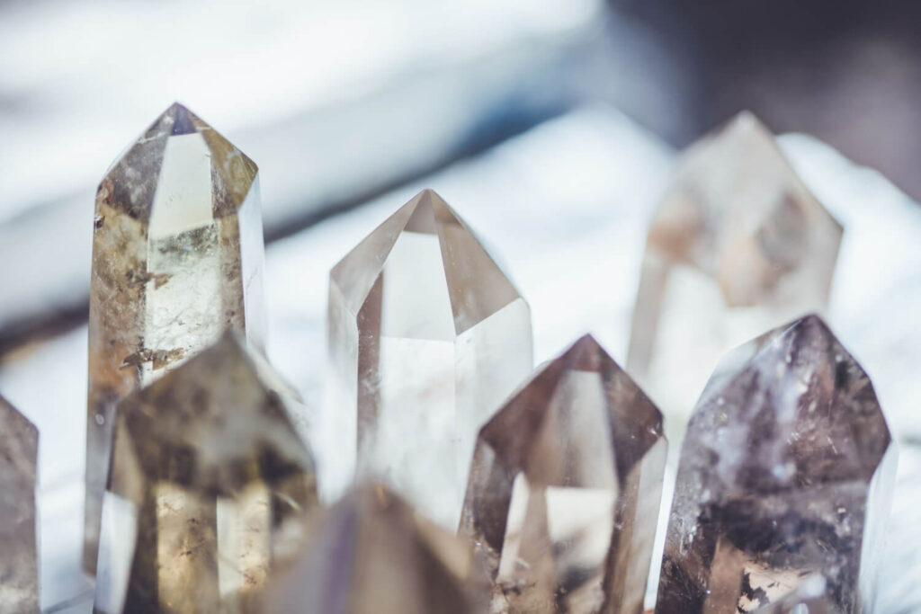 Close-up of various quartz crystals.