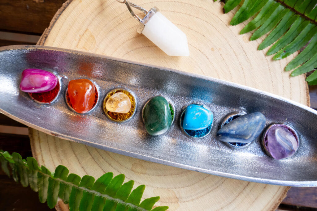 Seven chakra stones in a silver tray,  various colors,  on a wooden slice with fern.