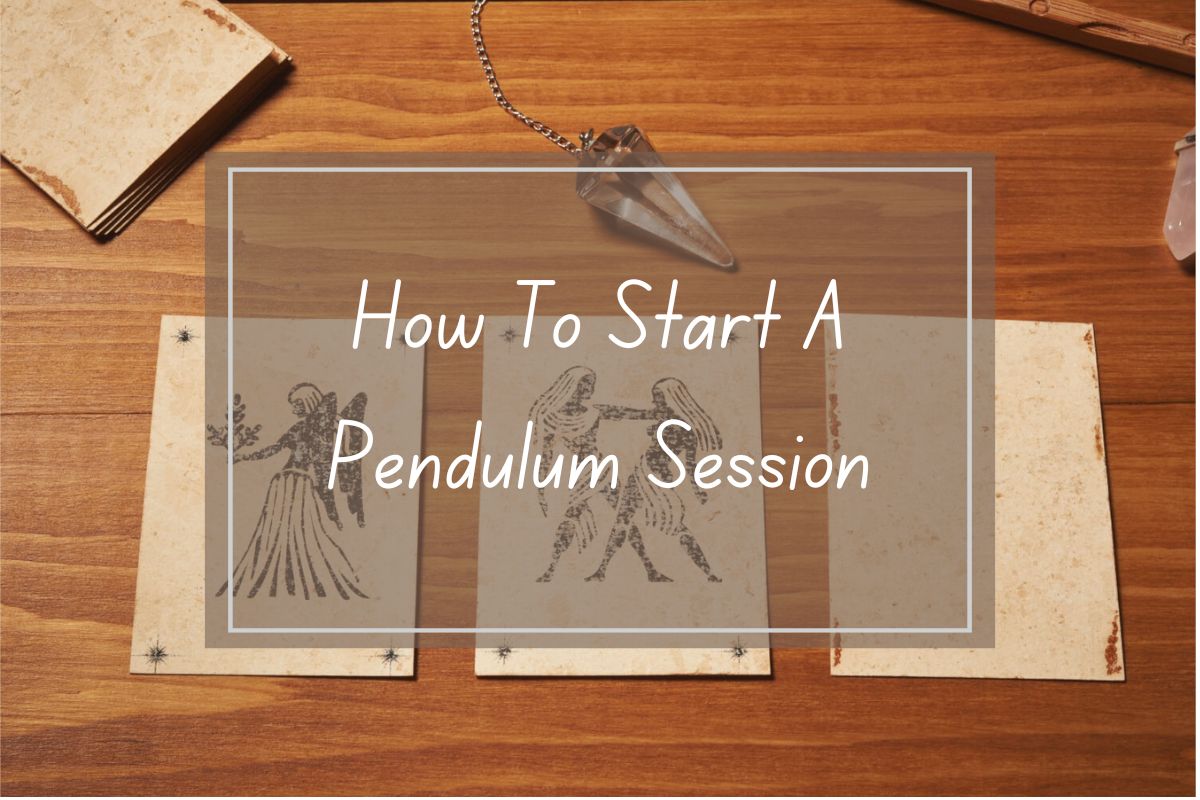 How to start a pendulum session,  crystal pendulum, vintage-style cards, astrology symbols.