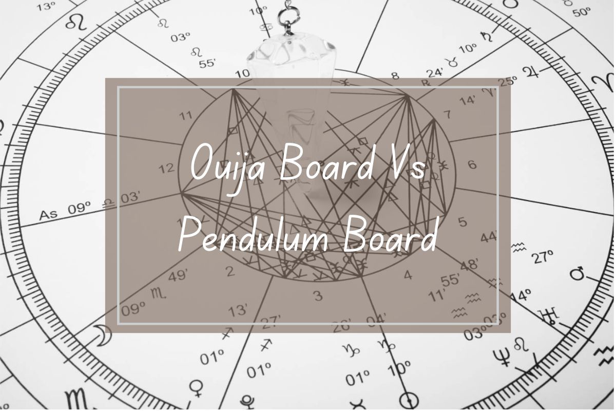 Ouija board vs pendulum board comparison graphic, featuring celestial charts and diagrams.