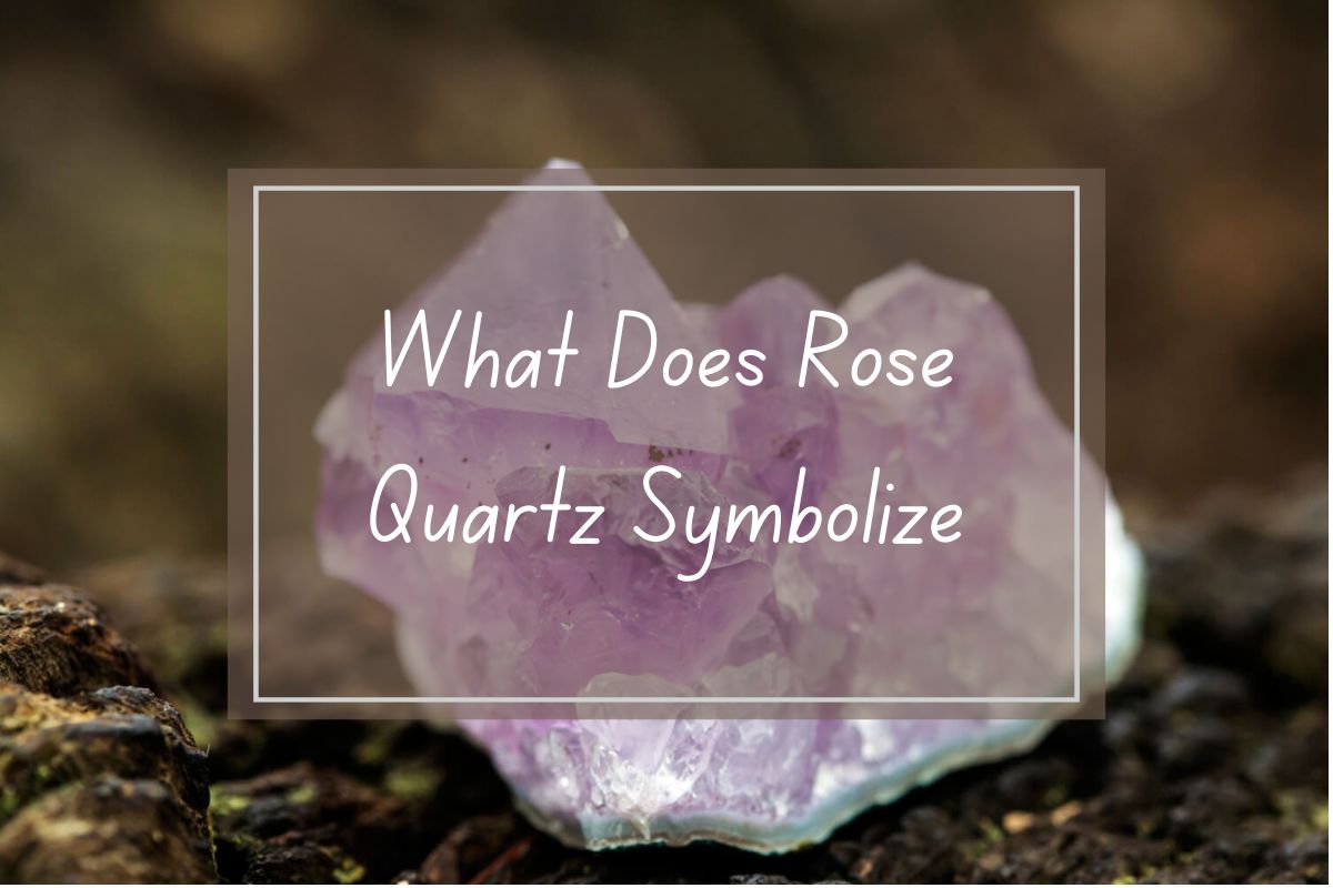 Close-up of a cluster of amethyst rose quartz.  Spiritual meaning text overlay.