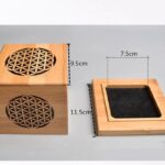 Wooden box with flower of life design,  measurements shown.  Small box inside a larger one.